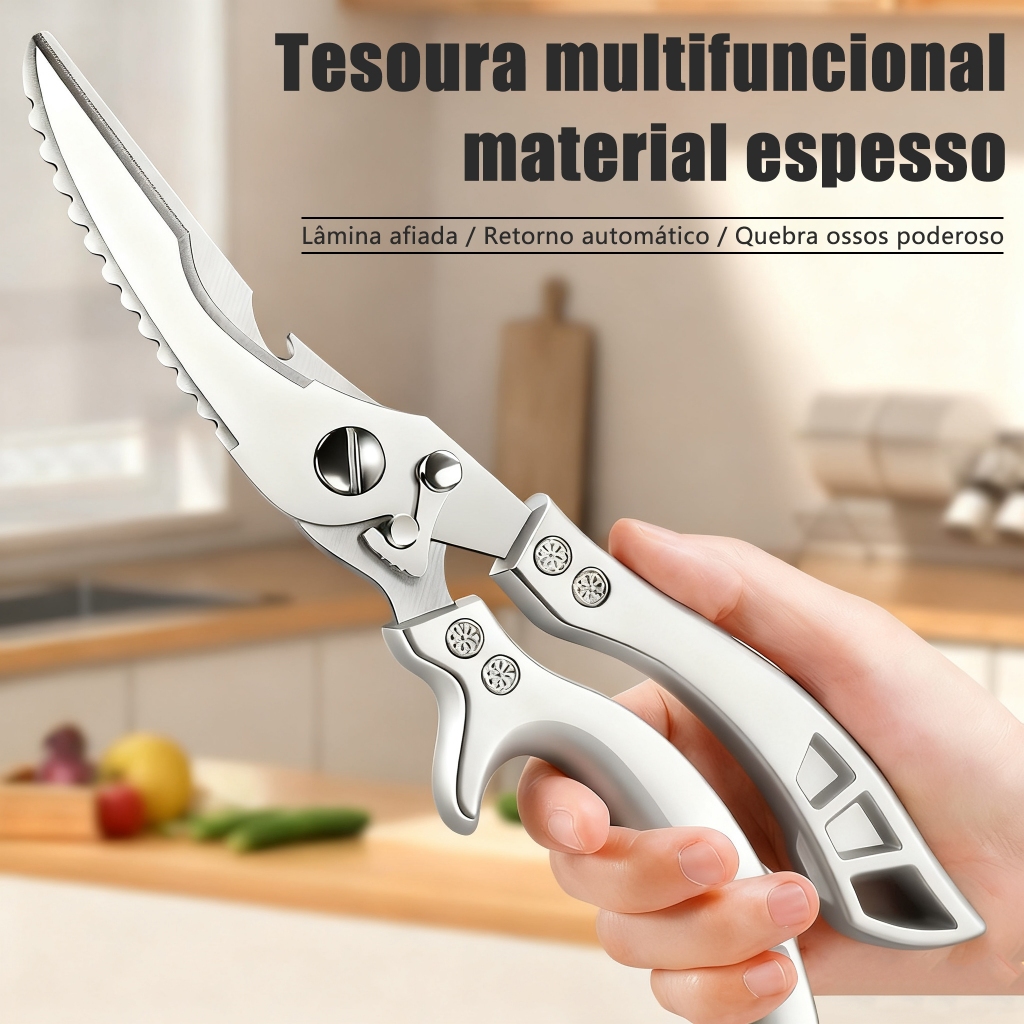 Tesoura de Cozinha Multiuso Forte - Corta Osso de Frango e Peixe, Carnes, Legumes, Aço Inoxidável Profissional