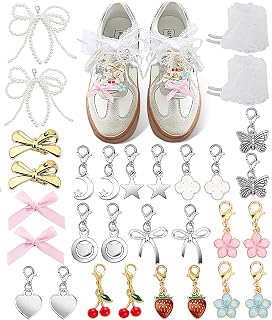 30 peças de enfeites para tênis, Junk Charms para mulheres, com cadarços de fita e renda, clipes, fechos de lagosta, alfinetes, laços, acessórios de pérolas em quantidade para bolsa, chapéu e moda
