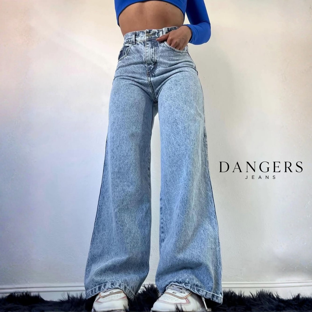 Calça Jeans Feminina Wide Leg Marmorizada Cintura Alta Sem Lycra