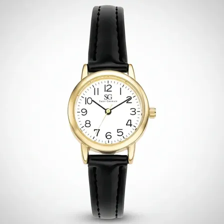 Relógio Feminino Dourado Saint Germain 24mm Correia Preta Caixa Dourada Fundo Branco Elegante C