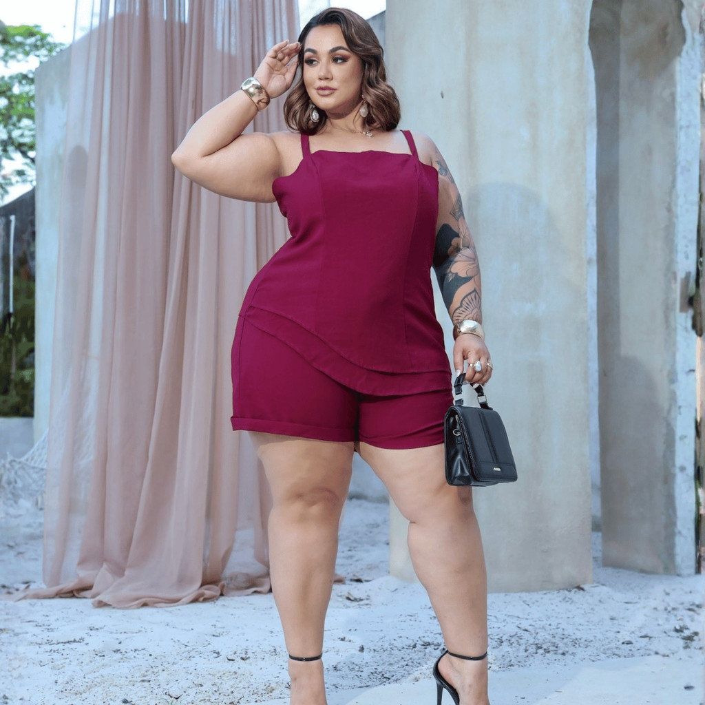 Conjunto Feminino Plus Size Short e Blusa Regata Assimétrica Alça Regulável 2 Peças