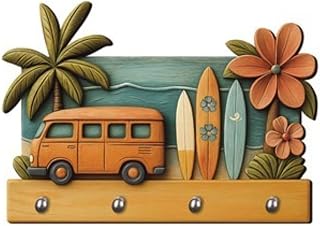Porta-chaves Decorativo de Parede 2D com Efeito 3D, Tema Praia, Kombi, Prancha, Mar e Surf, Estilo Verão, Resistente, Organização para Chaves, Decoração Casa e Ambientes Temáticos