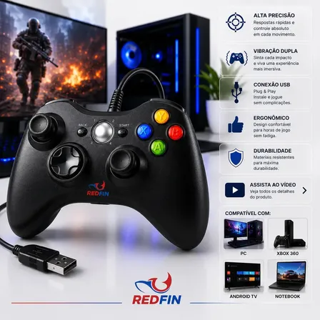 Controle Para Xbox 360 Com Fio USB e PC Preto Vibração Console Joystick Manete Gamer Gamepass S