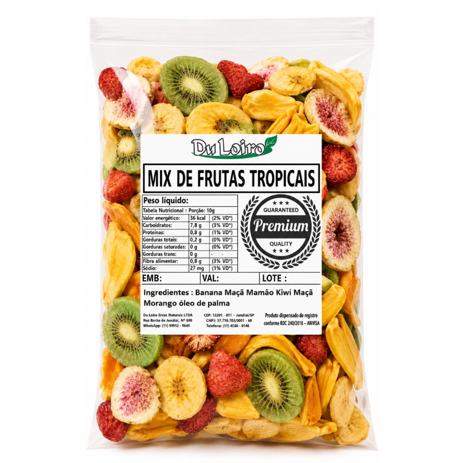 Mix Frutas Tropicais 50g -(7 Frutas): Chips de Banana, Jaca, Mamão, Kiwi, Maçã, Morango e Figo