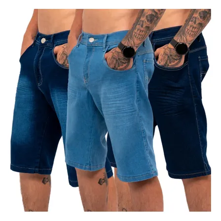Kit 3 Bermudas Jeans Masculina Lycra Elastano Jeans Sortidos Liso 44