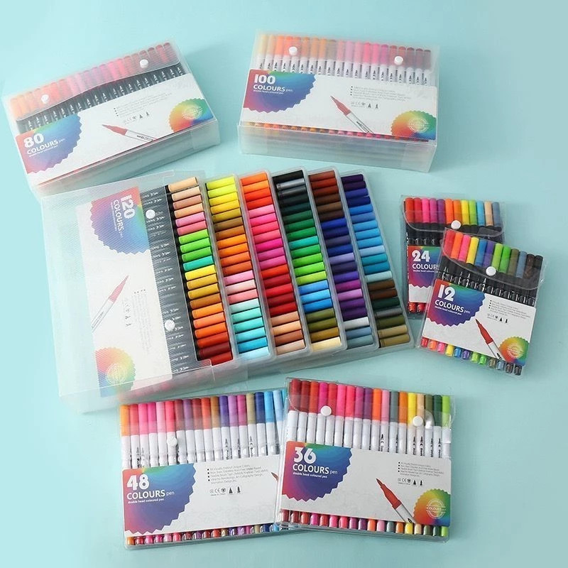 Kit 24/36/48/60/80 Cores Caneta Brush Lettering Ponta Fina Dual Pen Colorir e Desenho