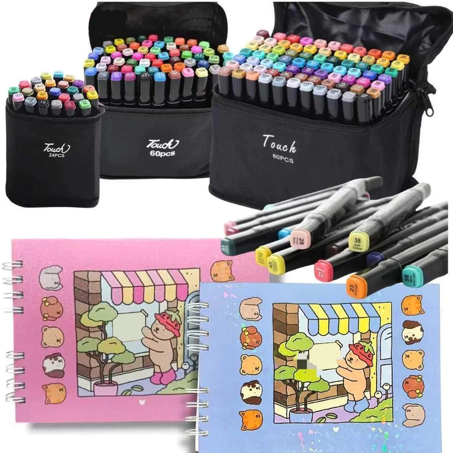 Kit de Pintura Infantil 50 Páginas + Caneta Marcadora 24-80 Cores Colorida