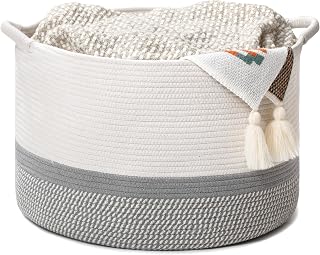 Cesta grande de armazenamento de corda de algodão com alças – organizador moderno de cesto de roupa suja redondo e cobertor para berçário, quarto, brinquedos de bebê, travesseiros, decoração de casa