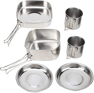 Tbest 6 pçs/conjunto de utensílios de cozinha de acampamento ao ar livre de aço inoxidável conjunto de cozinha família equipamento de cozinha ao ar livre frigideira portátil copos pote talheres para