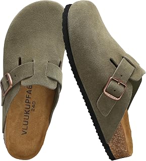 Tamancos femininos de camurça genuína para mulheres e homens, suporte no arco, confortável, mules e sapatos de batata com fivela ajustável, calçado casual unissex