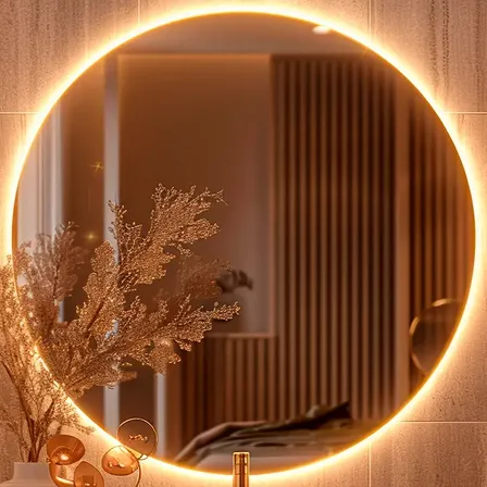 Espelho Redondo 50cm C/ Led Para Parede Quarto Banheiro Sala Moldura Redondo 50cm Led Quente