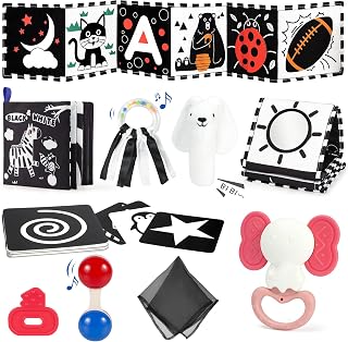 URMYWO Brinquedos para bebês de 0 a 6 meses, conjunto de 10 peças de brinquedos para recém-nascidos, coelho de pelúcia, brinquedos de chocalho, cartões sensoriais, dentição, itens essenciais para