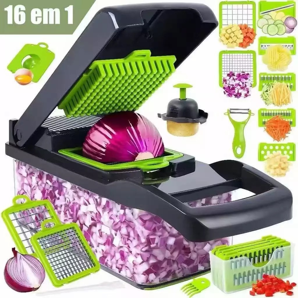 Fatiador Profissional Multifuncional 16 em 1 de Aço Inoxidável - Ideal para Vegetais, Frutas e Legumes