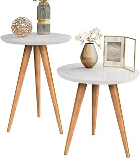 Kit 2 Mesas Lateral e Apoio de Canto para Sofá Retrô com Pés de Madeira e Tampo MDF Decoração Sala(DUPLO - BRANCO)