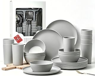 Conjunto de louça cinza fosco, pratos, tigelas e copos, pratos inquebráveis para 8, utensílios de mesa reutilizáveis sem BPA, podem ser lavados na lava-louças para cozinha, festa, piquenique e