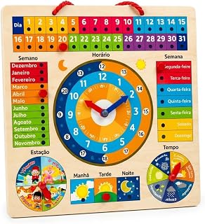 Calendário Montessori Infantil em Madeira com Relógio Educativo – Brinquedo Pedagógico para Aprender Horas, Dias da Semana, Meses, Estações e Clima – Jogo Sensorial Desenvolvimento Cognitivo Criança