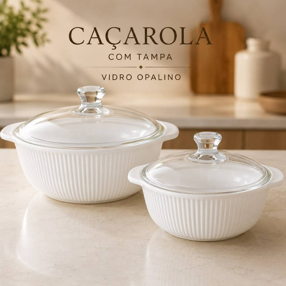 Caçarola/Tigela com Tampa Vidro Opalino Wolff 1L e 1,5L Branca Alto Relevo Canelado Servir Mesa Posta e Armazenar